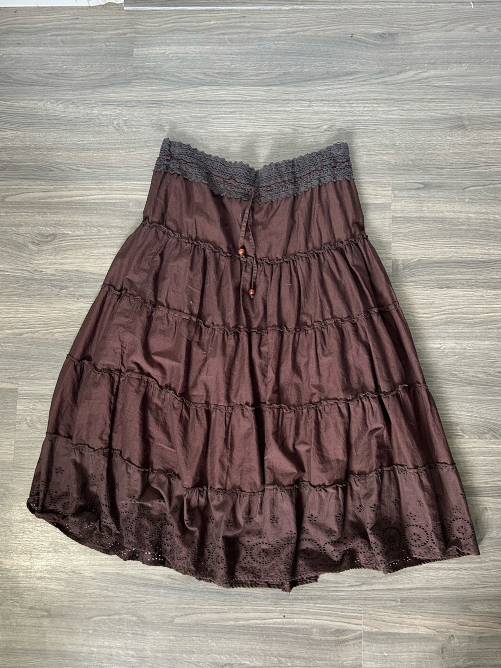 100% Cotton Brown Tiered Eyelet Midi Skirt with Knit Waistband and Drawstring